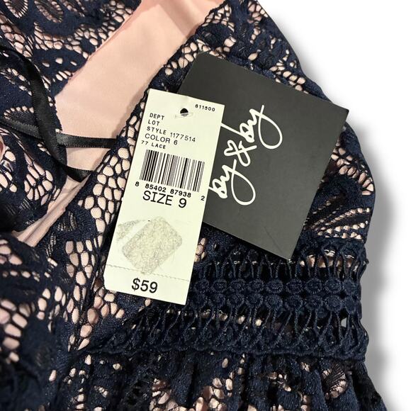 By & By Dress NWT Juniors Navy Blue Lace Overlay Blush Lined Back Zip - Picture 6 of 8